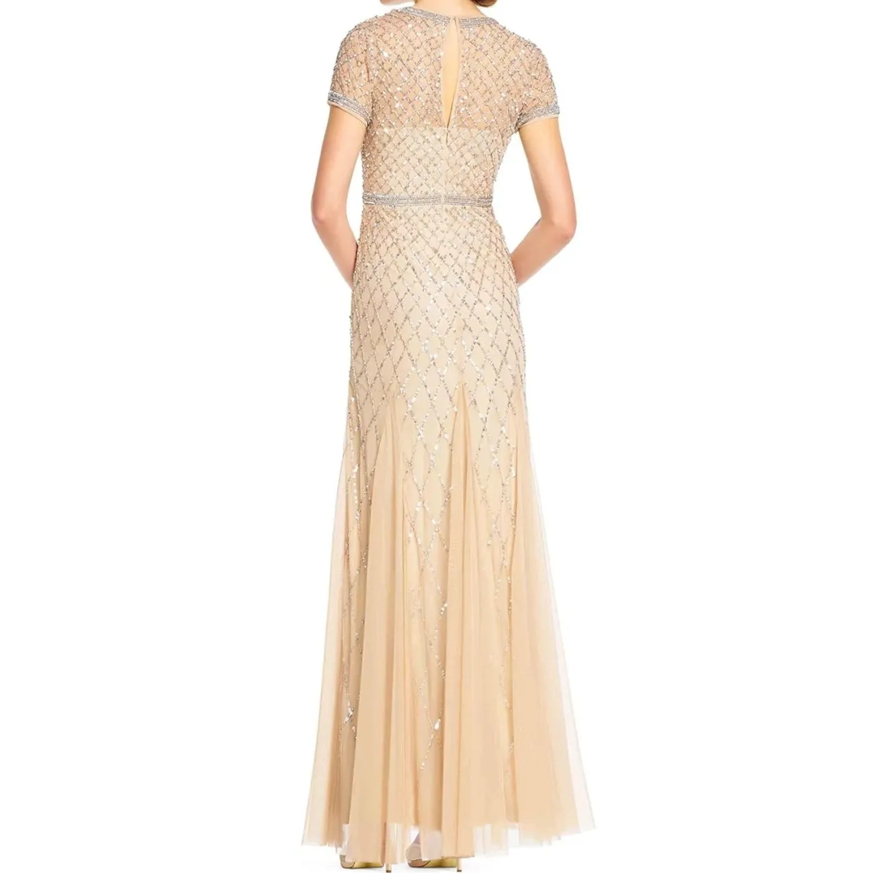NWT Adrianna Papell Champagne Beaded Mermaid Gown Short Sleeve 10 - Image 4