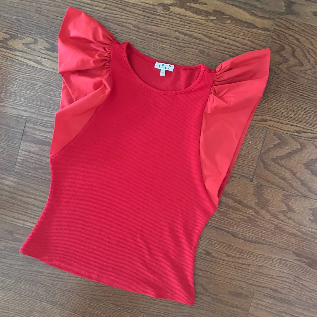 TCEC Red Frill Sleeve Ribbed T-Shirt Ruffle Cap Sleeve Size Large Feminine - Image 2