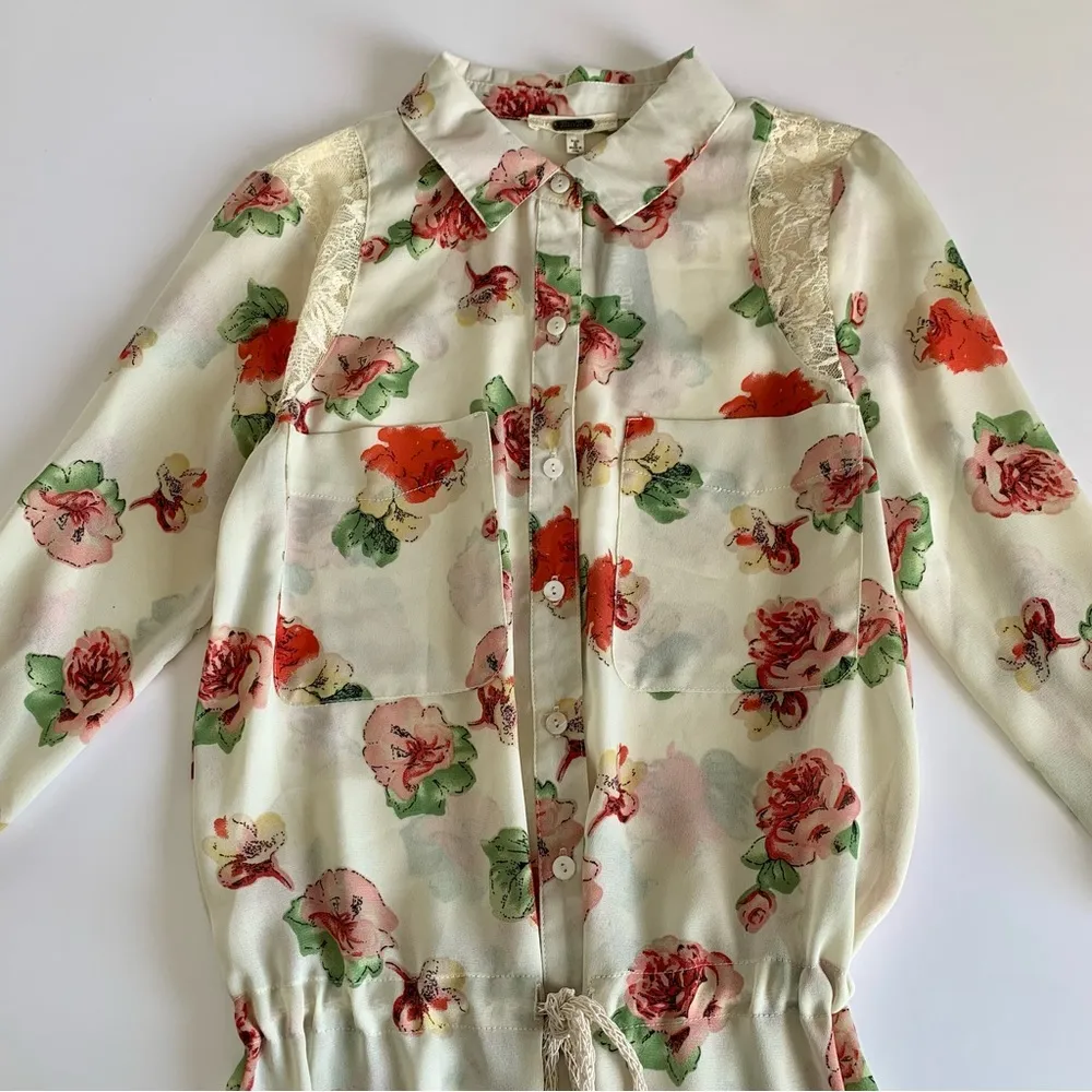 Miss Me Y2K Cream Floral Lightweight Boho Summer Tunic Blouse Top Small - Image 2