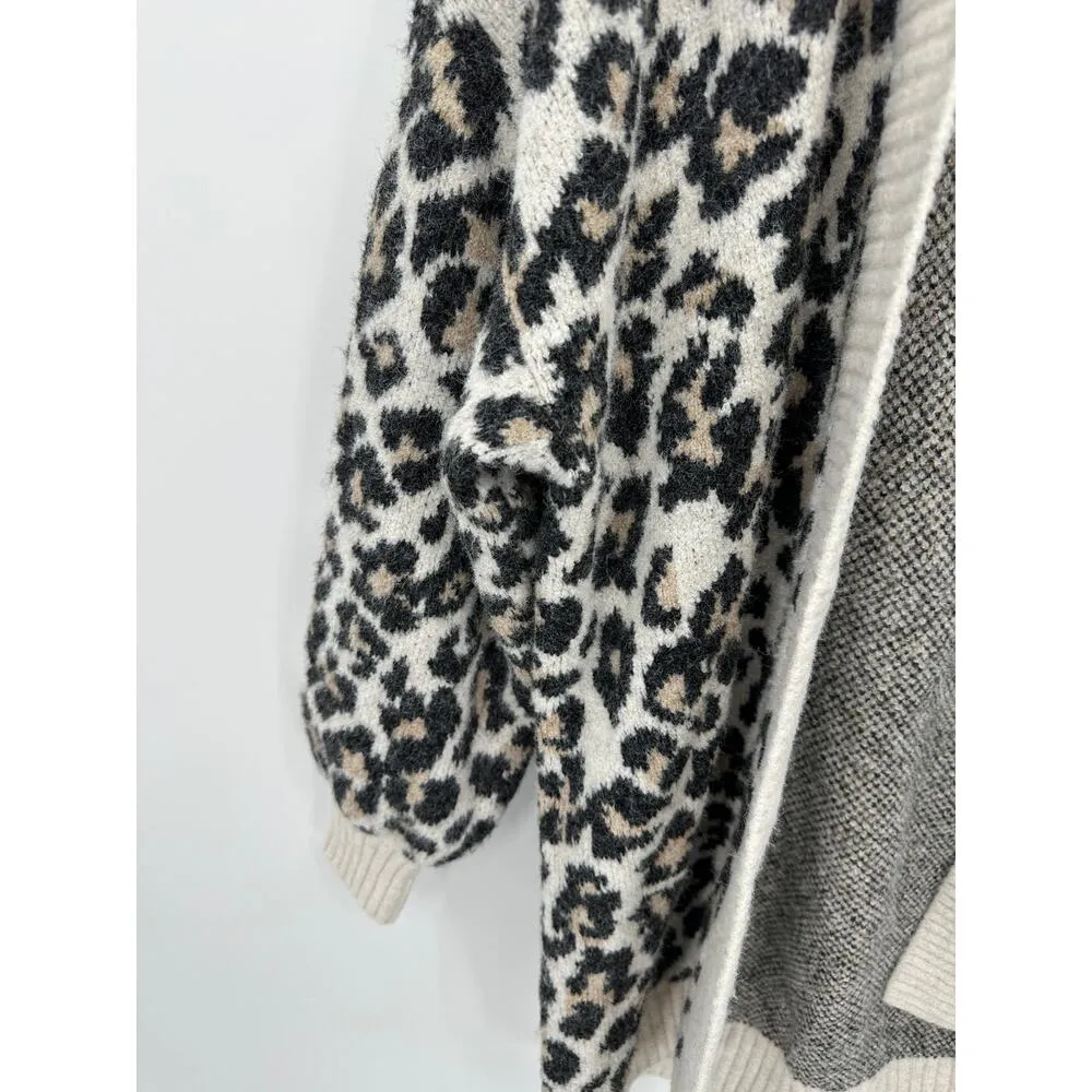 LOFT Sweater Women SMALL Cream Leopard Print Open Knit Wool Blend Cardigan - Image 4