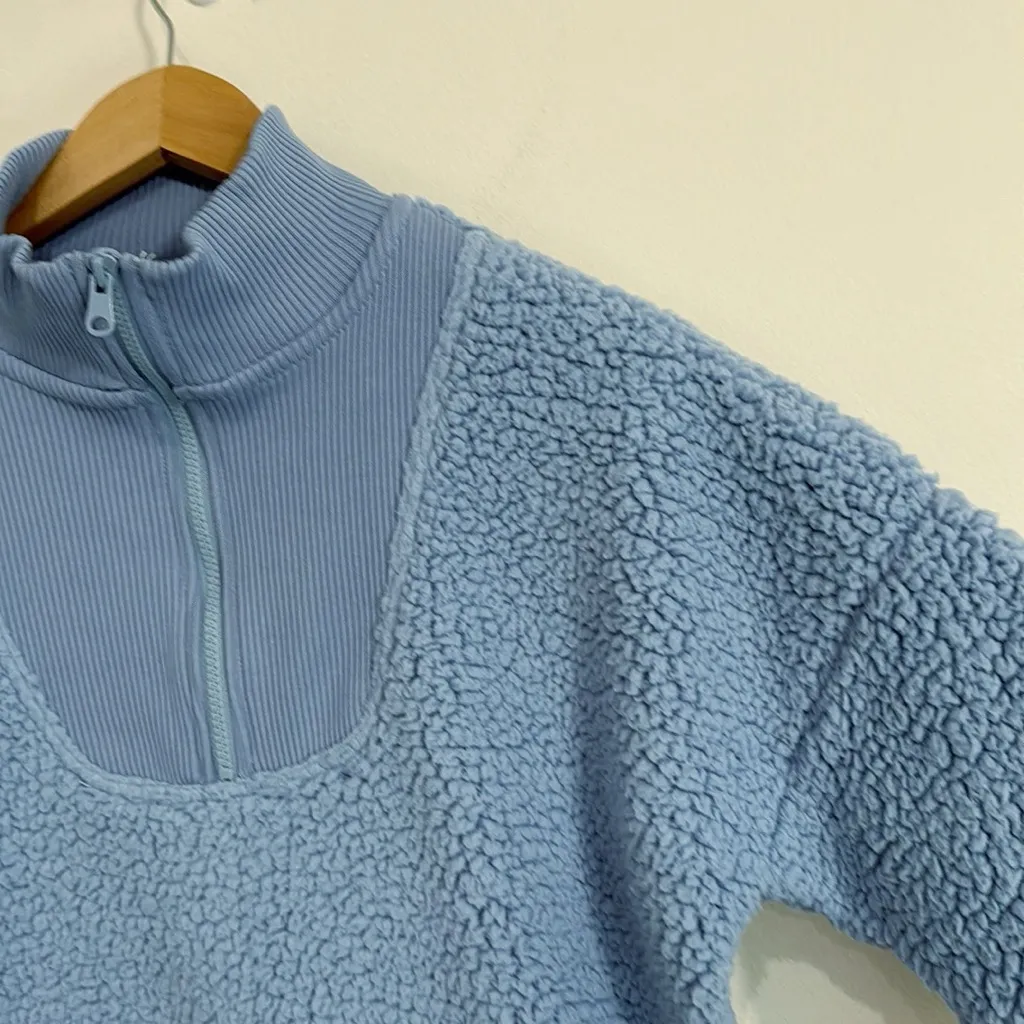 Aerie Dream Sherpa Quarter Zip Pullover Sweatshirt Oversized Steel Blue Hue sz S - Image 4