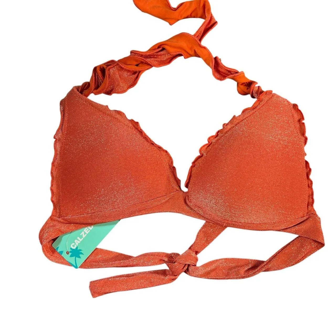 Calzedonia Cobey Orange Shimmer Halter Bikini Top Tie Back Size S New - Image 2