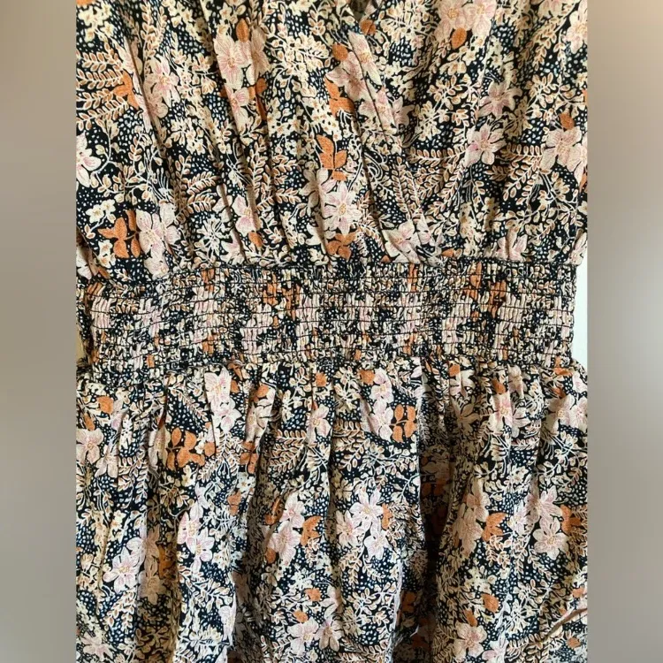 American Eagle Tan Floral Garden Party Linen Blend Tiered Mini Boho Dress #Pk - Image 7