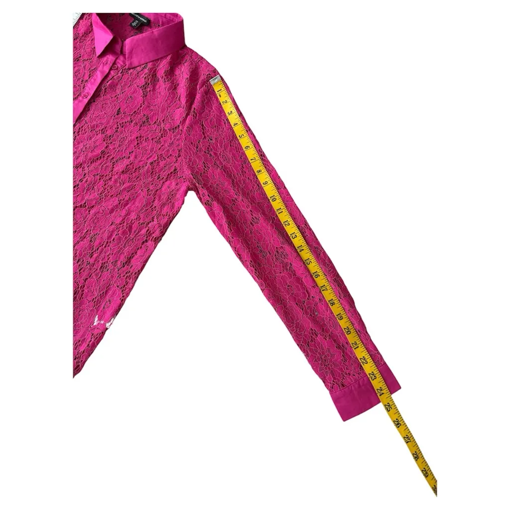 Saks Fifth Avenue Womens Pink Lace Sheer size L Long Sleeve Button Floral Mesh - Image 12