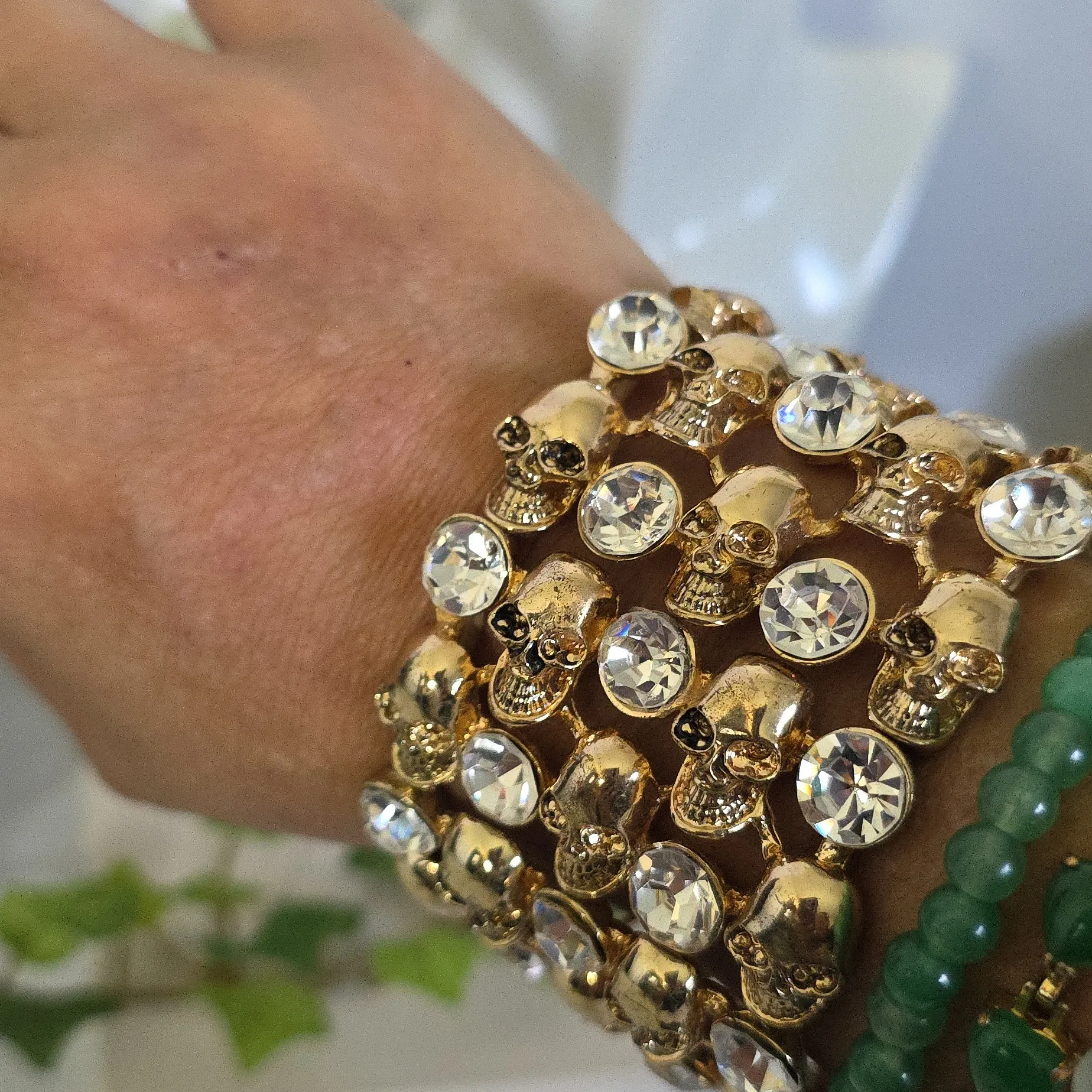 Statement Gold Stretch Bracelet Skulls and Cubic Zirconia - Image 5