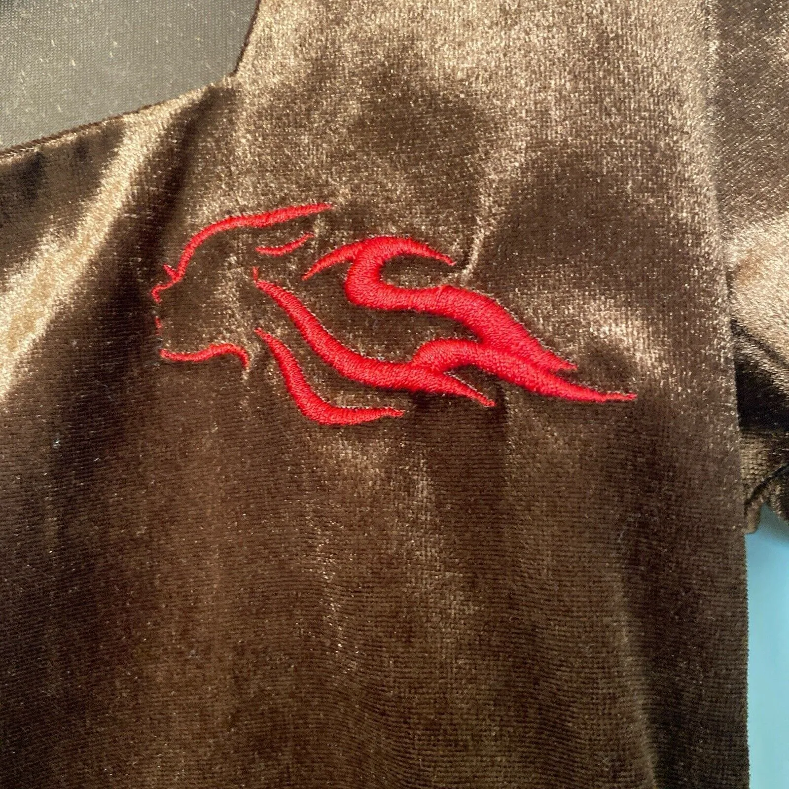 Women's Johnny Blaze Flames Vintage Dead Stock Stretch Velour Crop Top Brown Med - Image 4