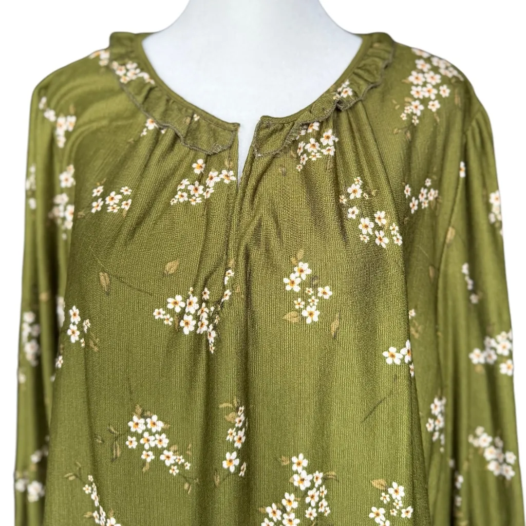 Melloday Olive Green‎ Daisy Print Floral Blouse Sz 1X - Image 4