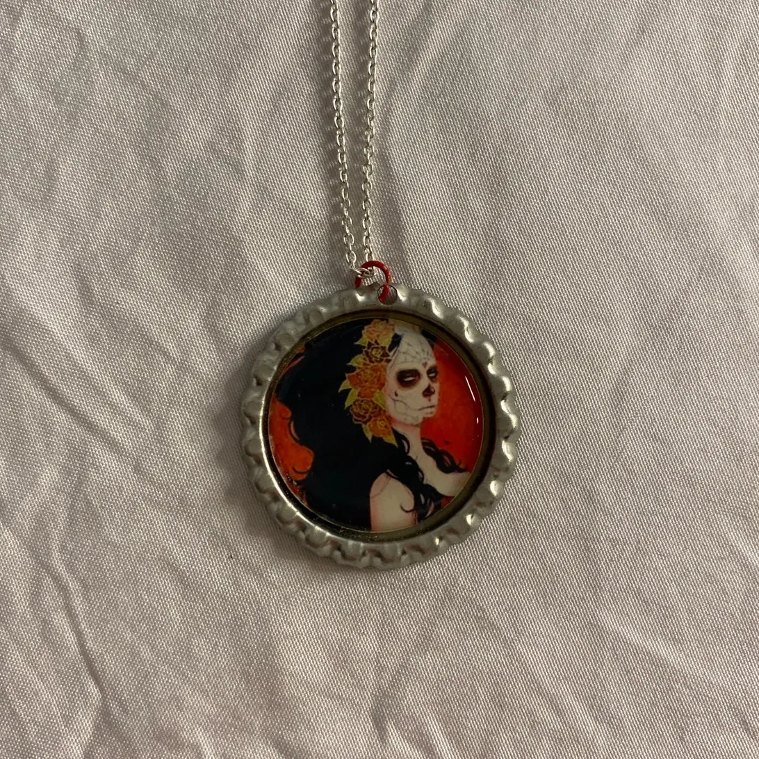Day of the Dead Pendant Necklace Sugar Skull Art Silver Chain - Image 3