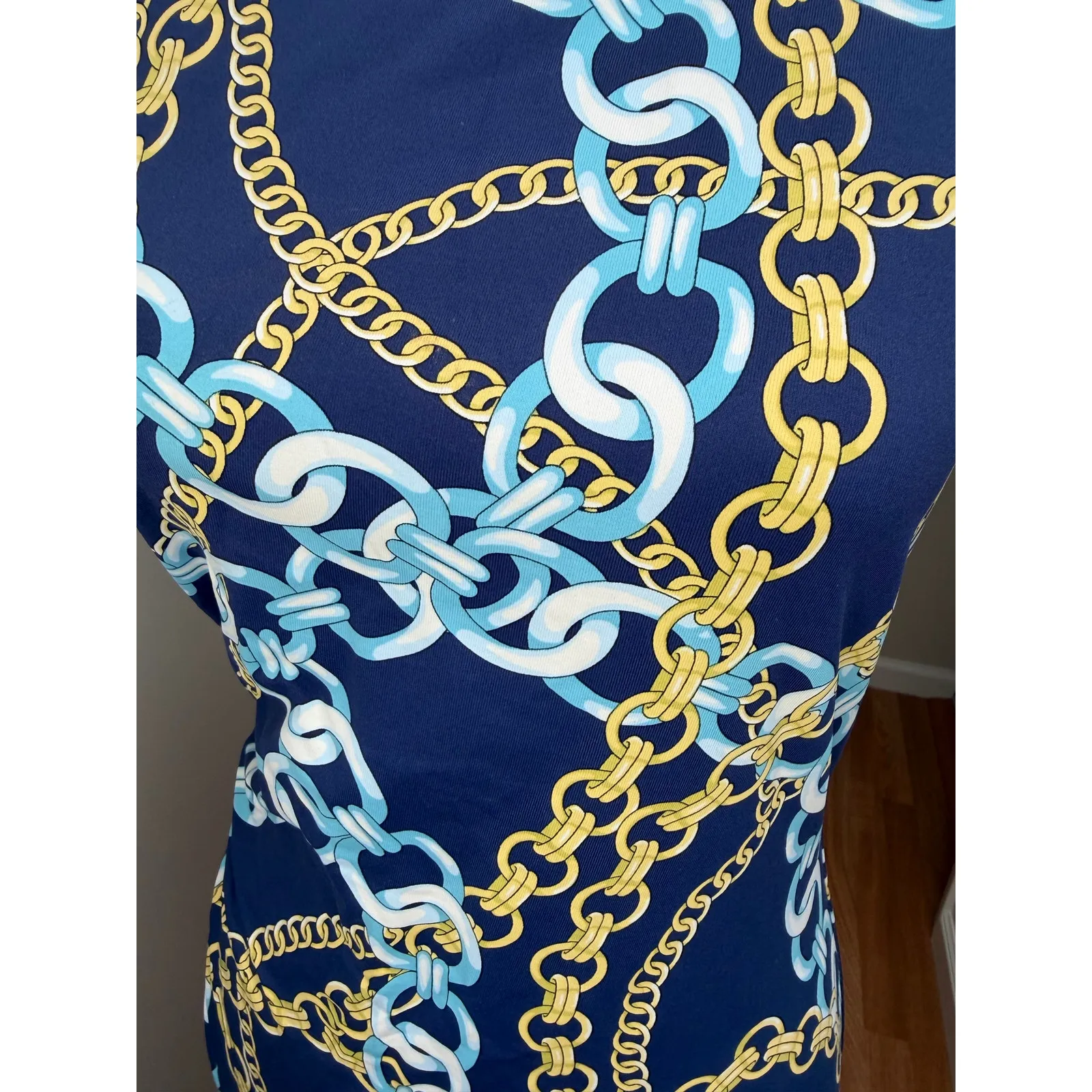 J McLaughlin Sheath Dress Womens Small Blue Sage Chain Print Stretch Nautical - Image 6