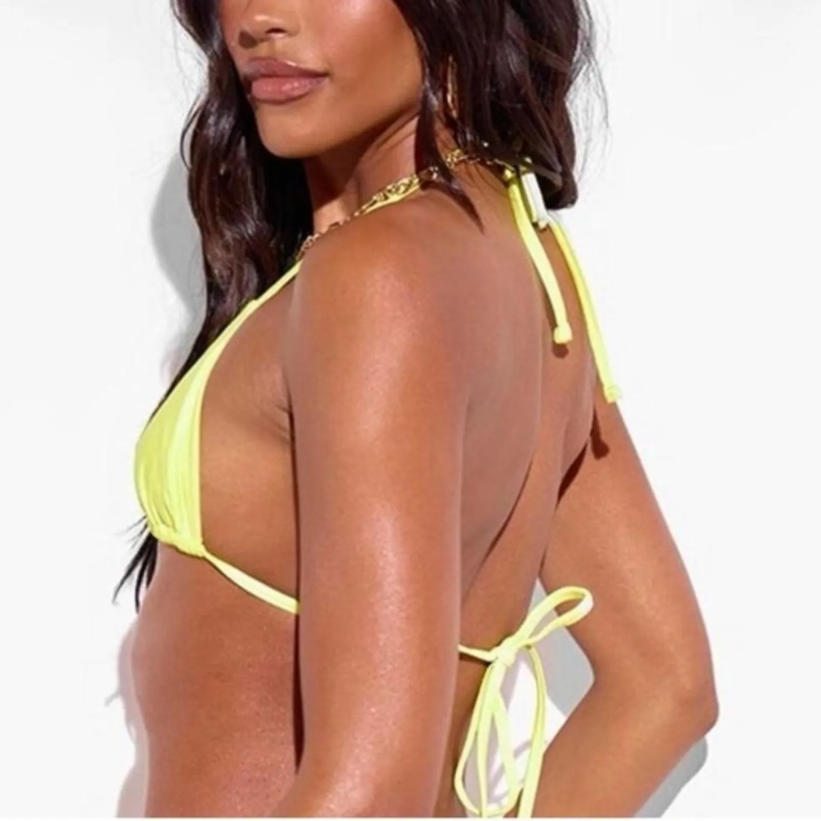 PrettyLittleThing Yellow Tie Triangle Bikini Top NWT US 10 - Image 2