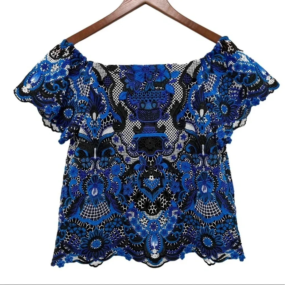 Alice + Olivia Maxie Lace Off Shoulder Embroidery Top Blouse Blue Multi Size XS - Image 3