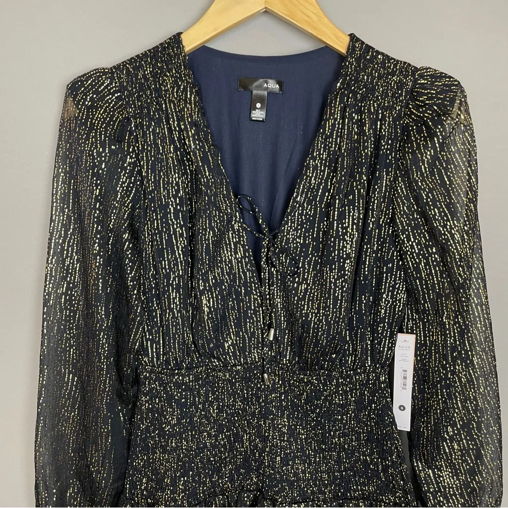 Aqua Dress NWT Metallic Dot Smocked Mini Bloomingdale's Exclusive Sheer Sleeve‎ - Image 4