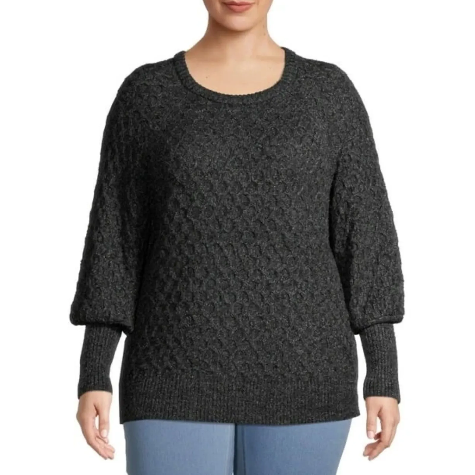 Terra & Sky Honeycomb Knit Pullover Sweater Size 2X Ballon Sleeve Casual Neutral - Image 3