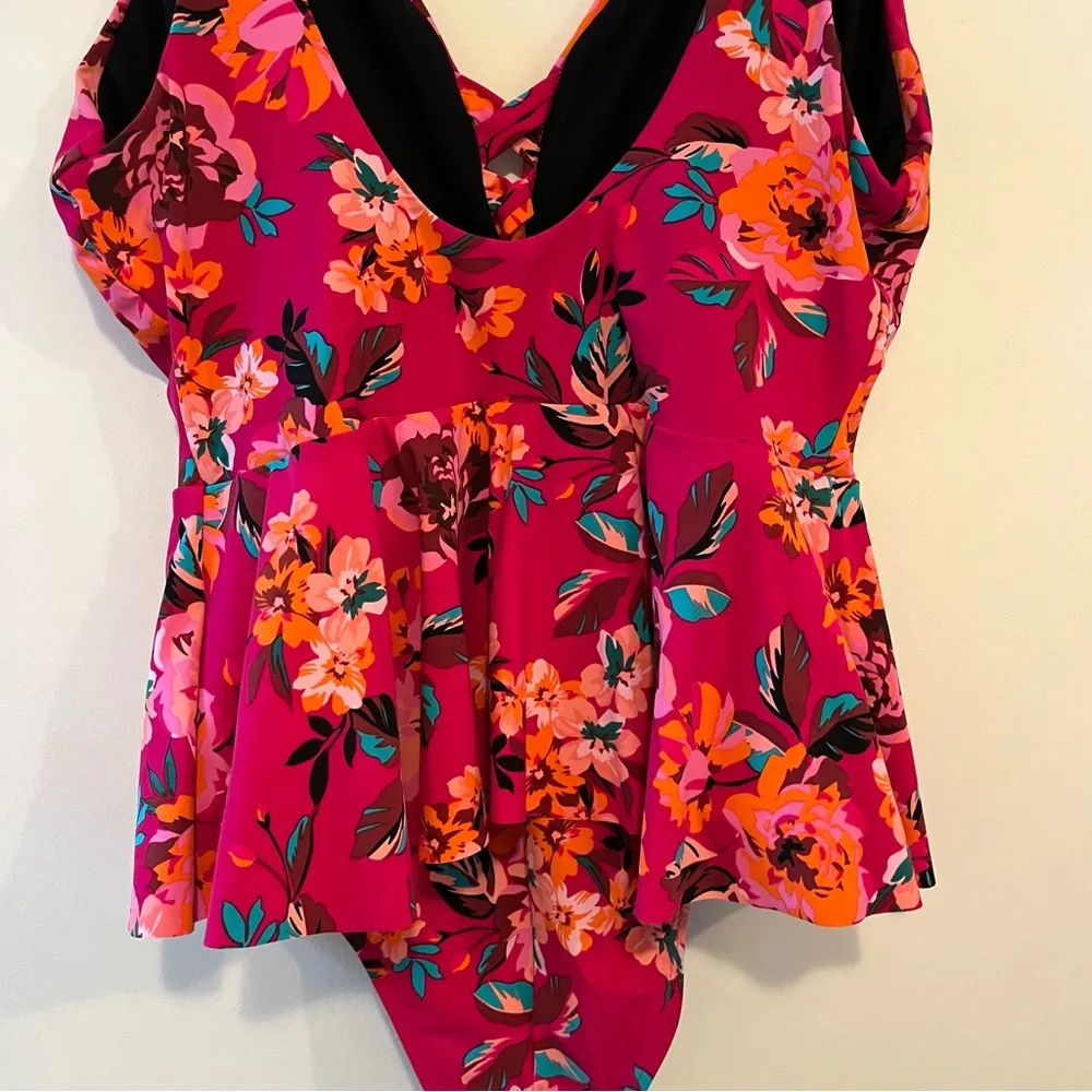 Skinny Dippers Hot House Too Too Plunge Skirt One Piece Swimsuit Pink Floral XL - Image 10