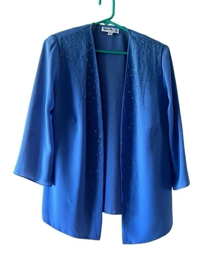 Karen Miller Periwinkle Blue Beaded Blouse and Pants Two-Piece Matching Set - Image 1