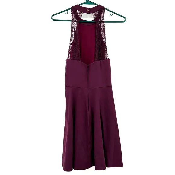Lulus size Medium purple swing dress lined halter like neckline lace zip up rear - Image 2