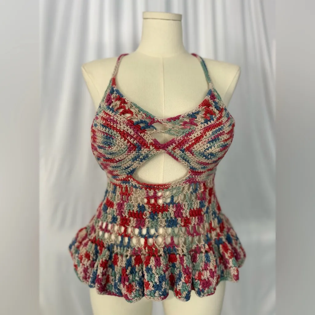 Handmade Crochet Halter Top Boho Cutout Peplum Multicolor (1071) - Image 2