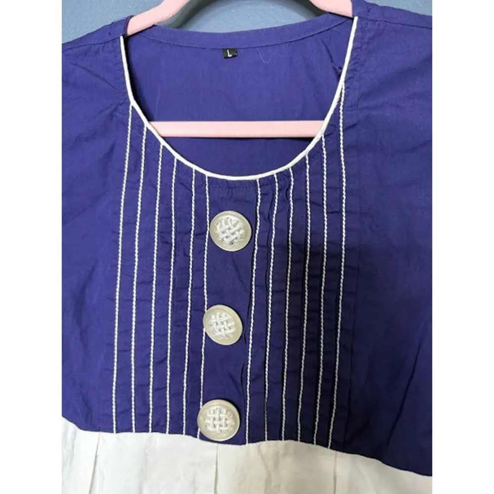 Y2K Big Buttons Dress Baby Doll Embroidered Dress Short Blue and White Sz Large - Image 4