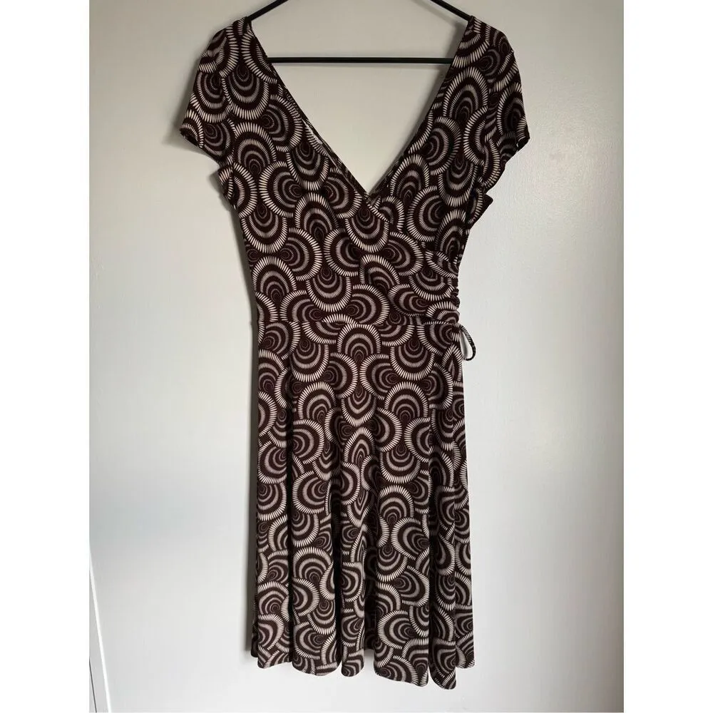 90s Vintage London Times Womens Swirl Print Vneck Flutter Sleeve Tie Dress sz 14 Brown - Image 3