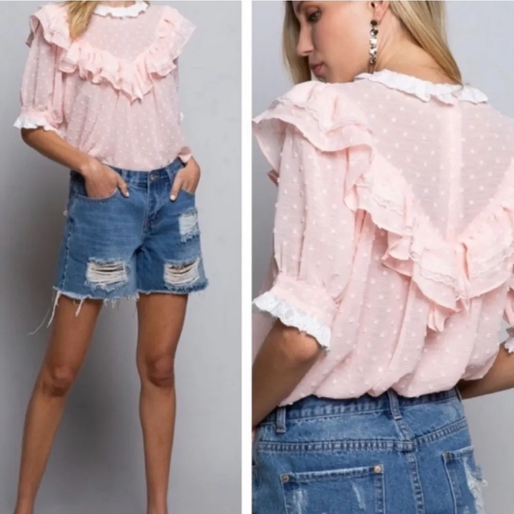 POL Sheer Swiss Dot Ruffle Blouse – Size L - Feminine Lace Top - Image 2