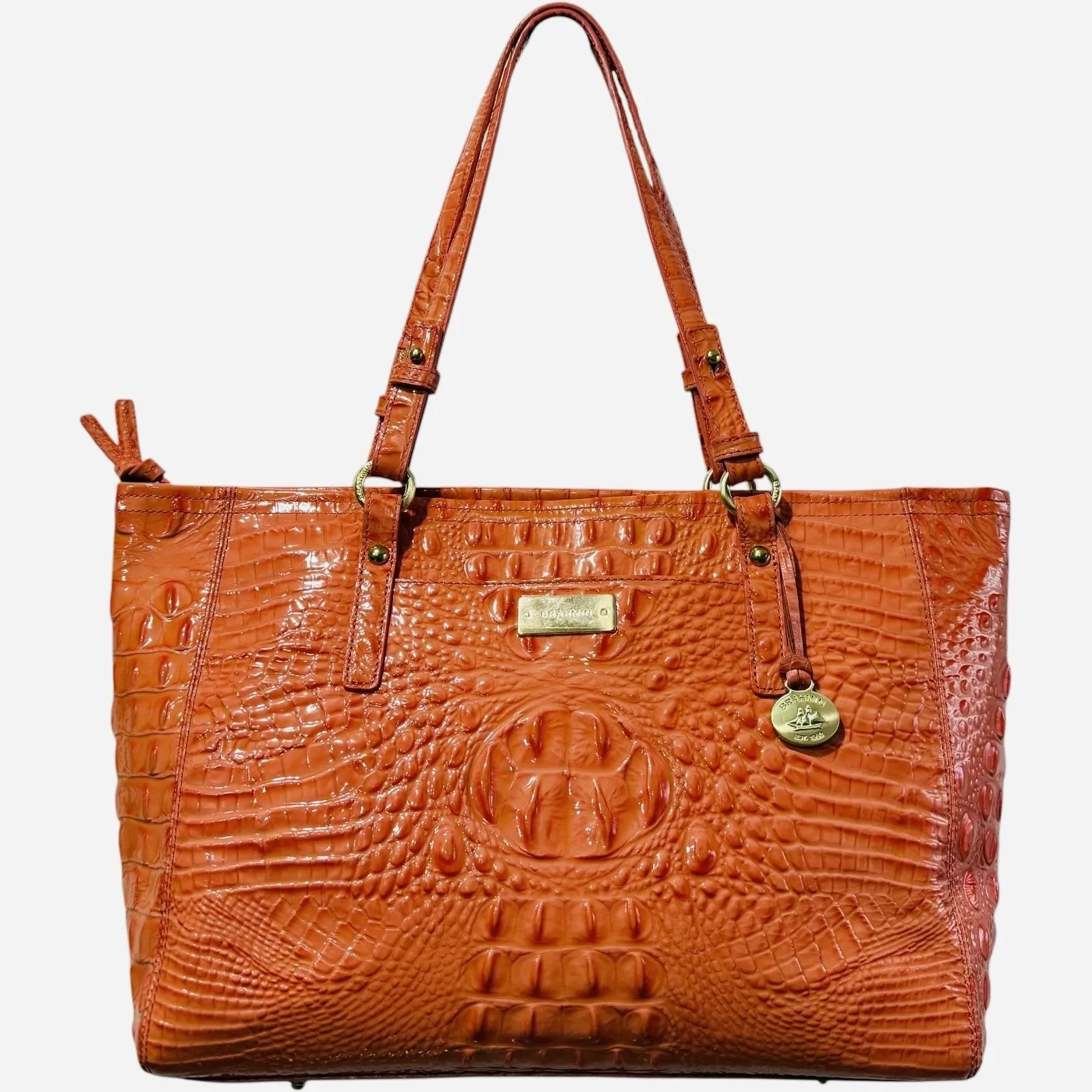 Brahmin Croc Embossed Leather Tote Shoulder Bag Burnt Orange Paprika Large LN - Image 1