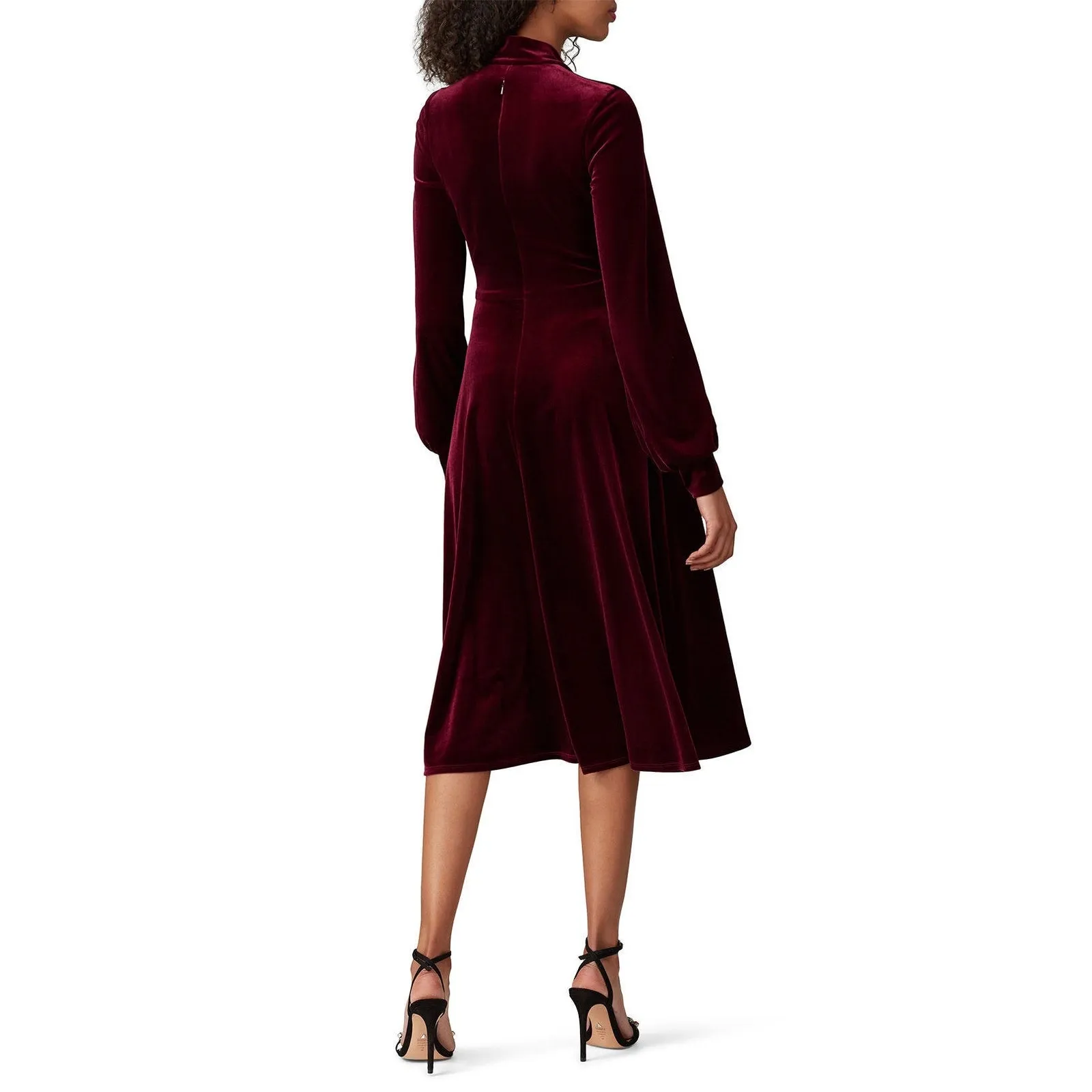 Black Halo Dark Red Velvet Ruby Bishop Long Sleeve Tie Neck Midi Dress Size 2 - Image 3