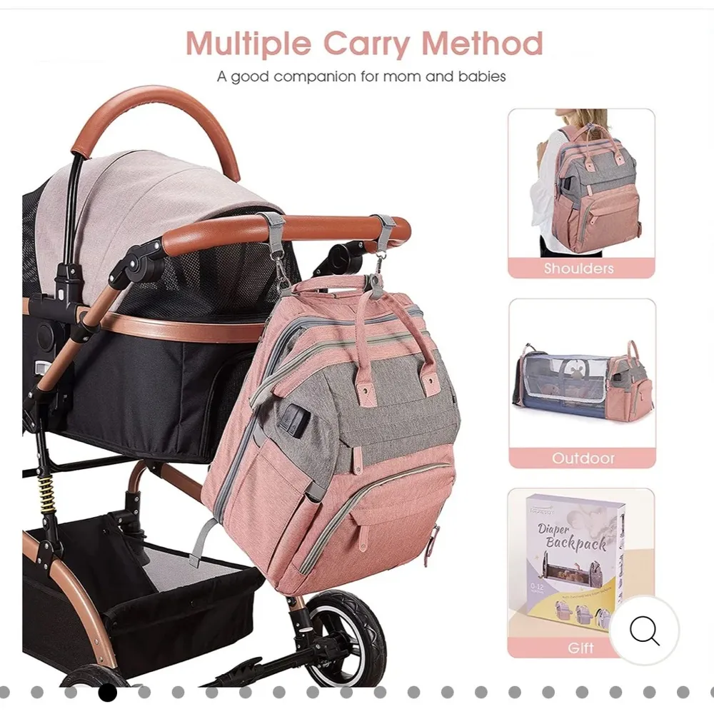 MULTI Compartment diaper bag with changing pad, USB & foldable crib Pink - Image 10