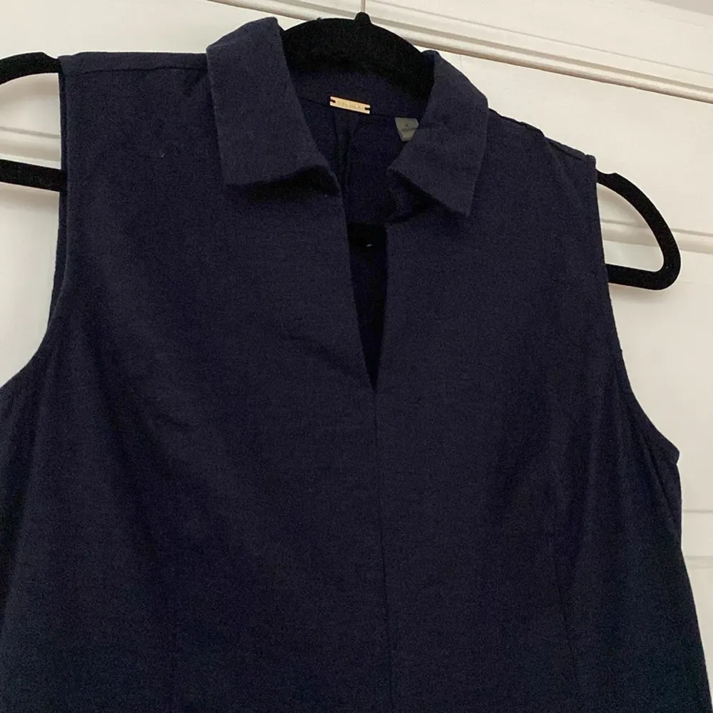 T Tahari Sleeveless Collared Linen Dress Lightweight Navy Blue Size 4 Blend - Image 2