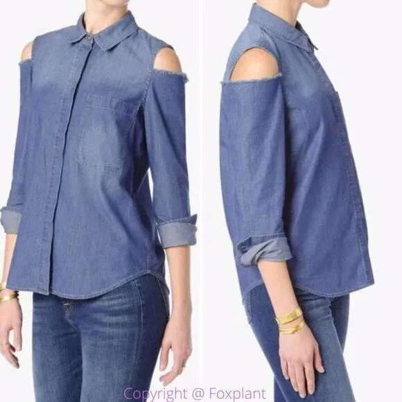 7 For All Mankind Women's Long Sleeve Cold‎ Shoulder Denim Shirt, size S - Image 2