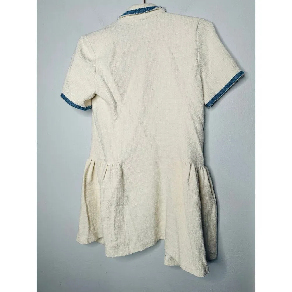 SANDRO Off White Tweed Blue Trim A-Line Double Breasted Seville Dress Size 36 - Image 10