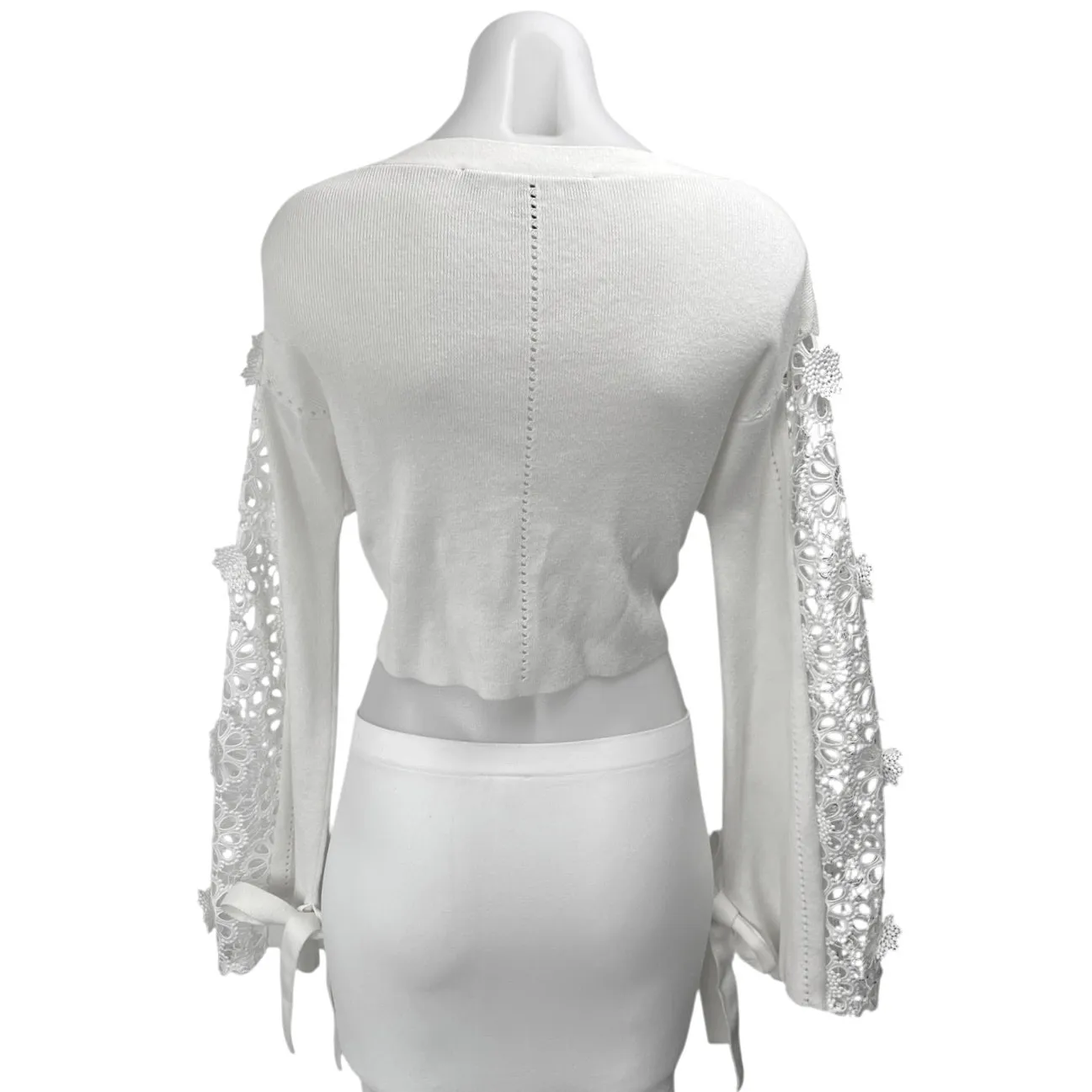 French Connection Leona Pointelle White Crochet Knit Crop Sweater Top Size XS - Image 7