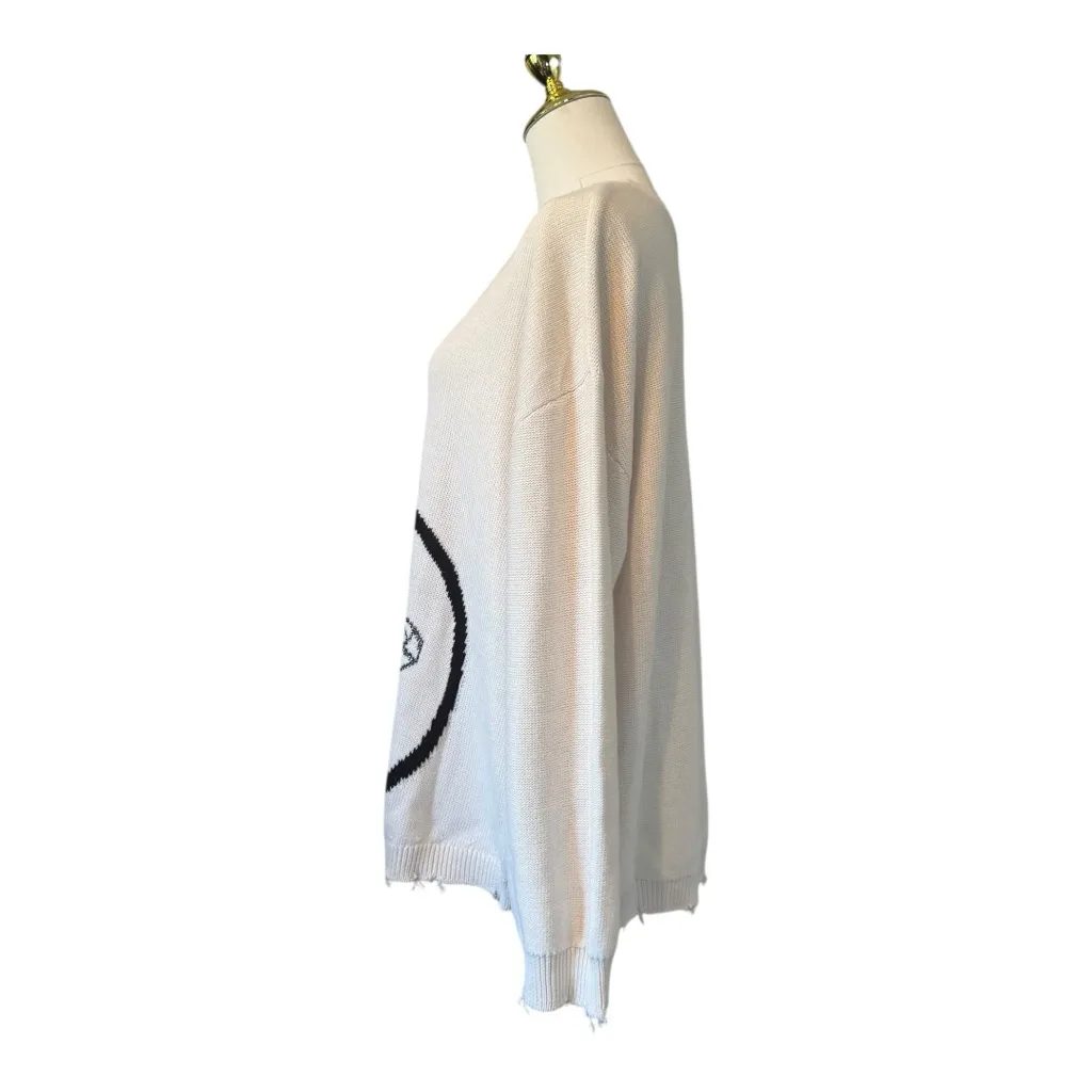 LOGO by Lori Goldstein Smiley World Face Distressed Sweater Diamond Eyes Large L - Image 3