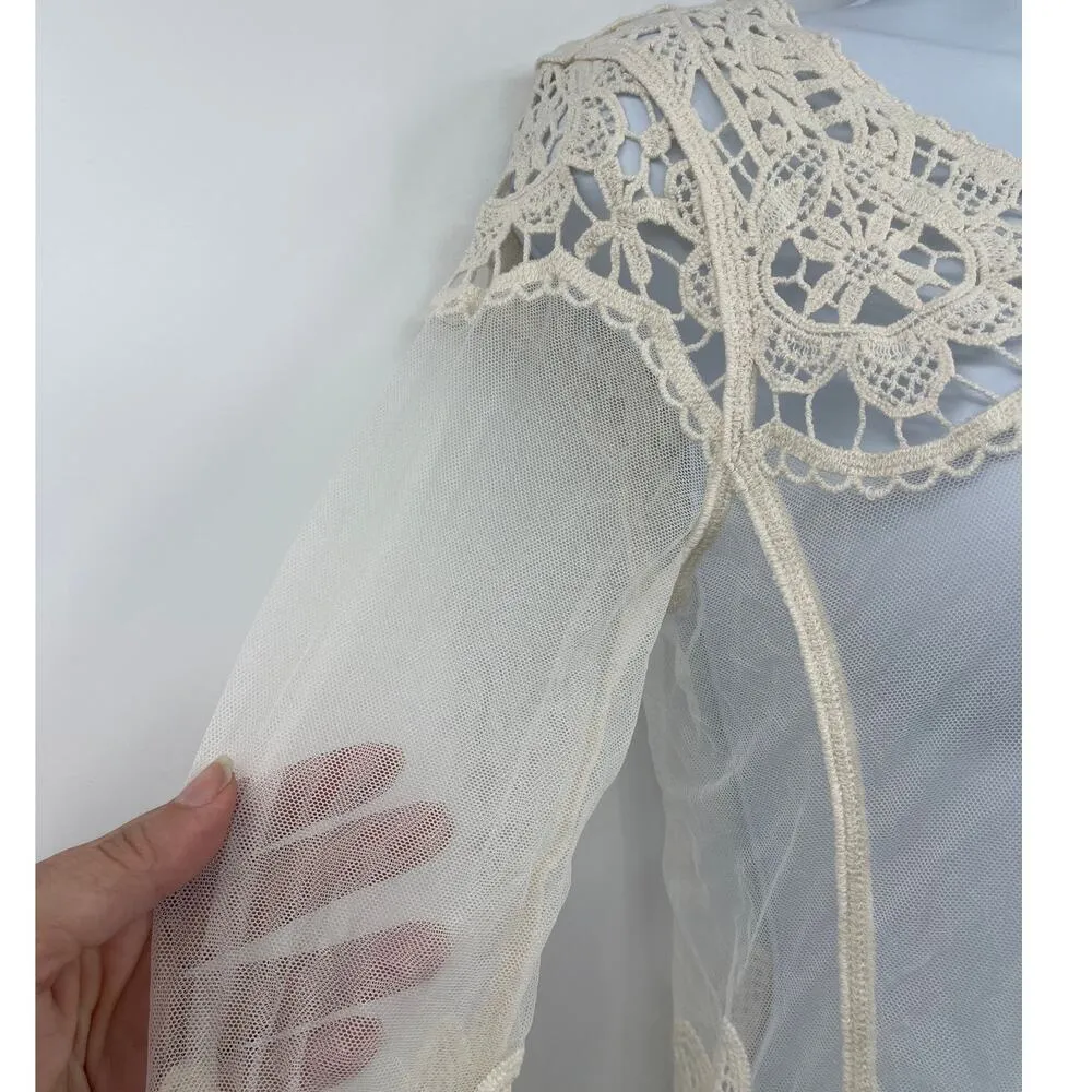 Express Crochet Micro Mesh Womens Top Sz XS Cream Festival Dainty Boho Cottage - Image 2