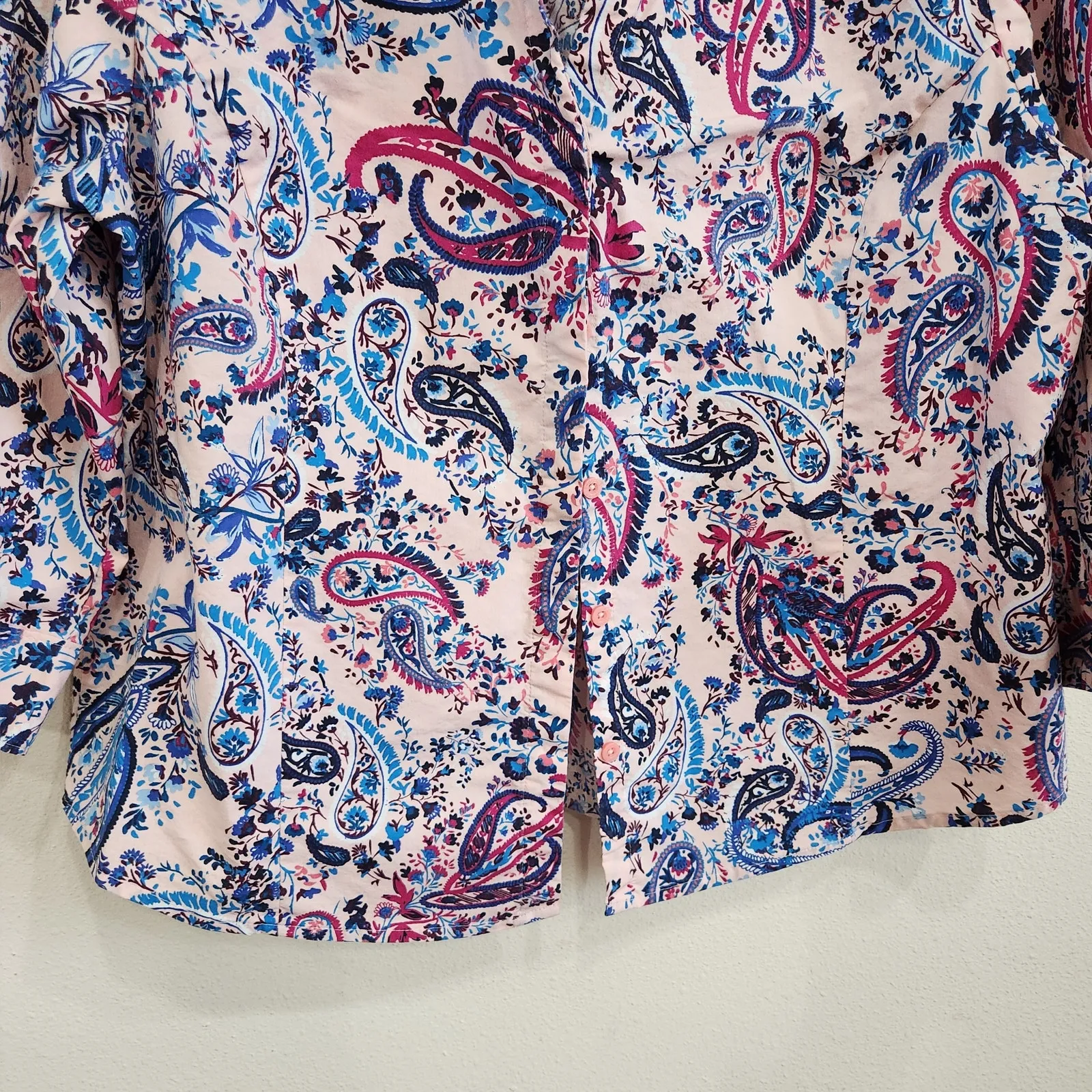 Basic Editions Paisley Boho 3/4 Sleeve Button Down Dress Shirt Work Wear Sz XL Blue - Image 4