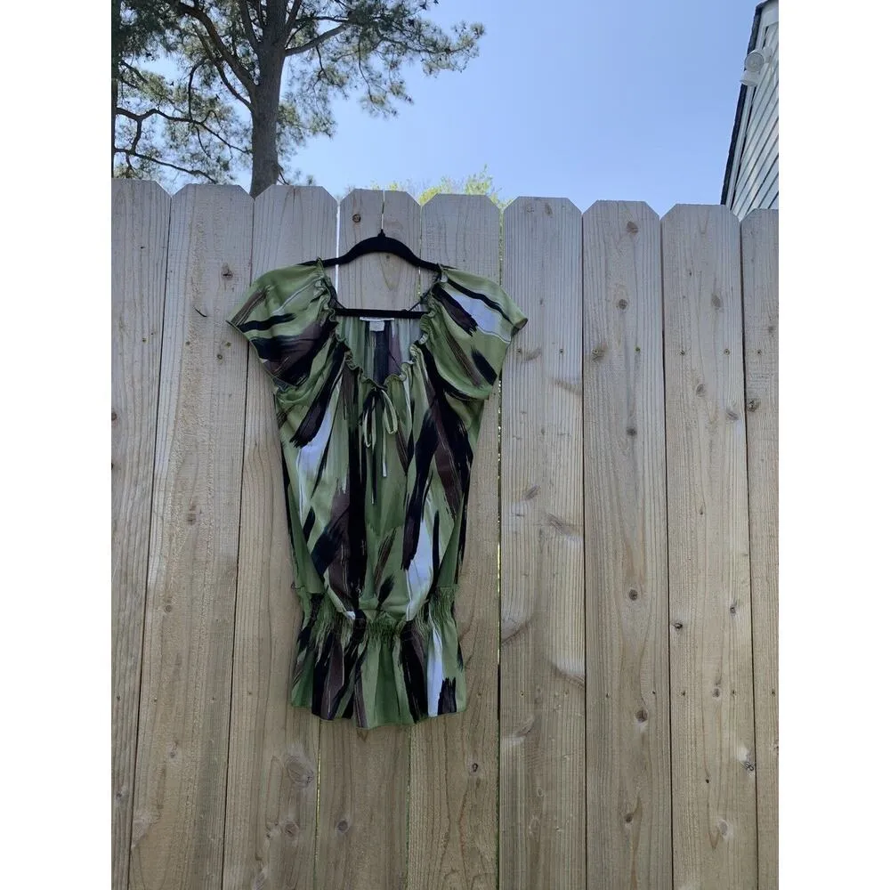 Claudia‎ Richard Womens Green Brown Design Shirt Top Blouse Large Watercolor - Image 2