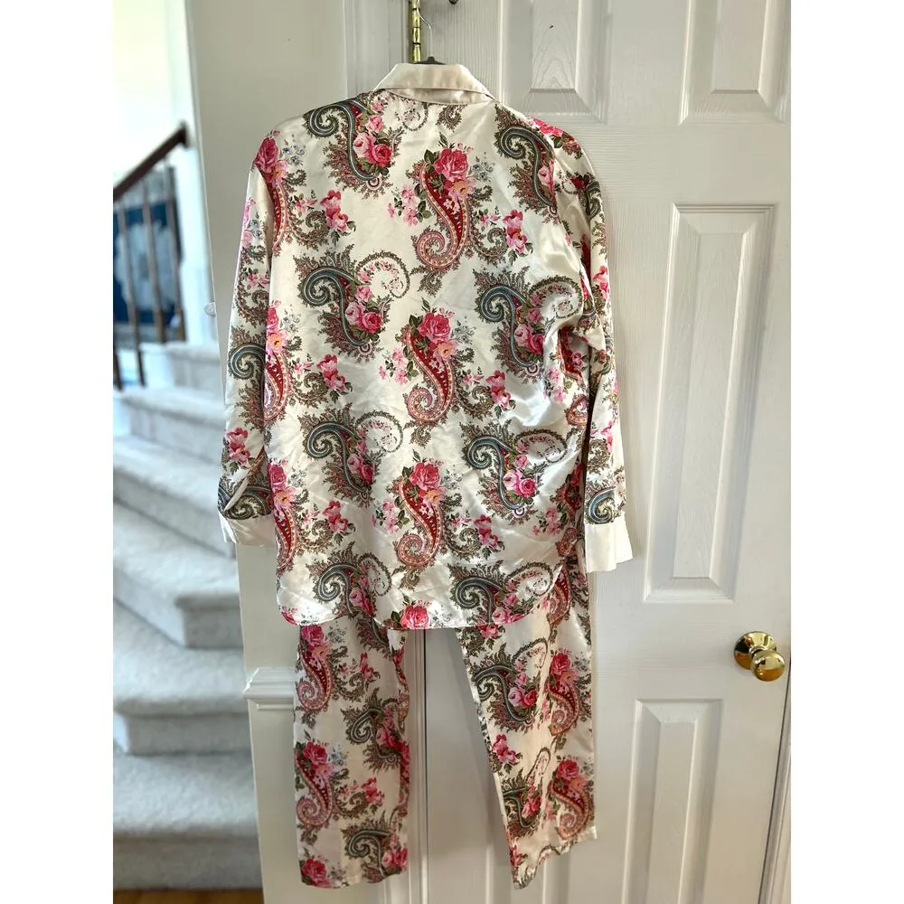 Vintage 90s Cream White Pink Floral Paisley Satin Double Breasted Pajama Set - Image 3