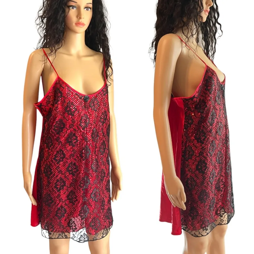 Vintage 90’s Night Magic by Cinema Etoile Red Satin Material Nightgown Black Size L - Image 10