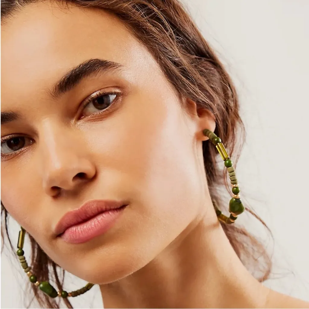 Free People Bom Bom Island Beaded Bohemian Half Hoops in Green NWT Beach - Image 2