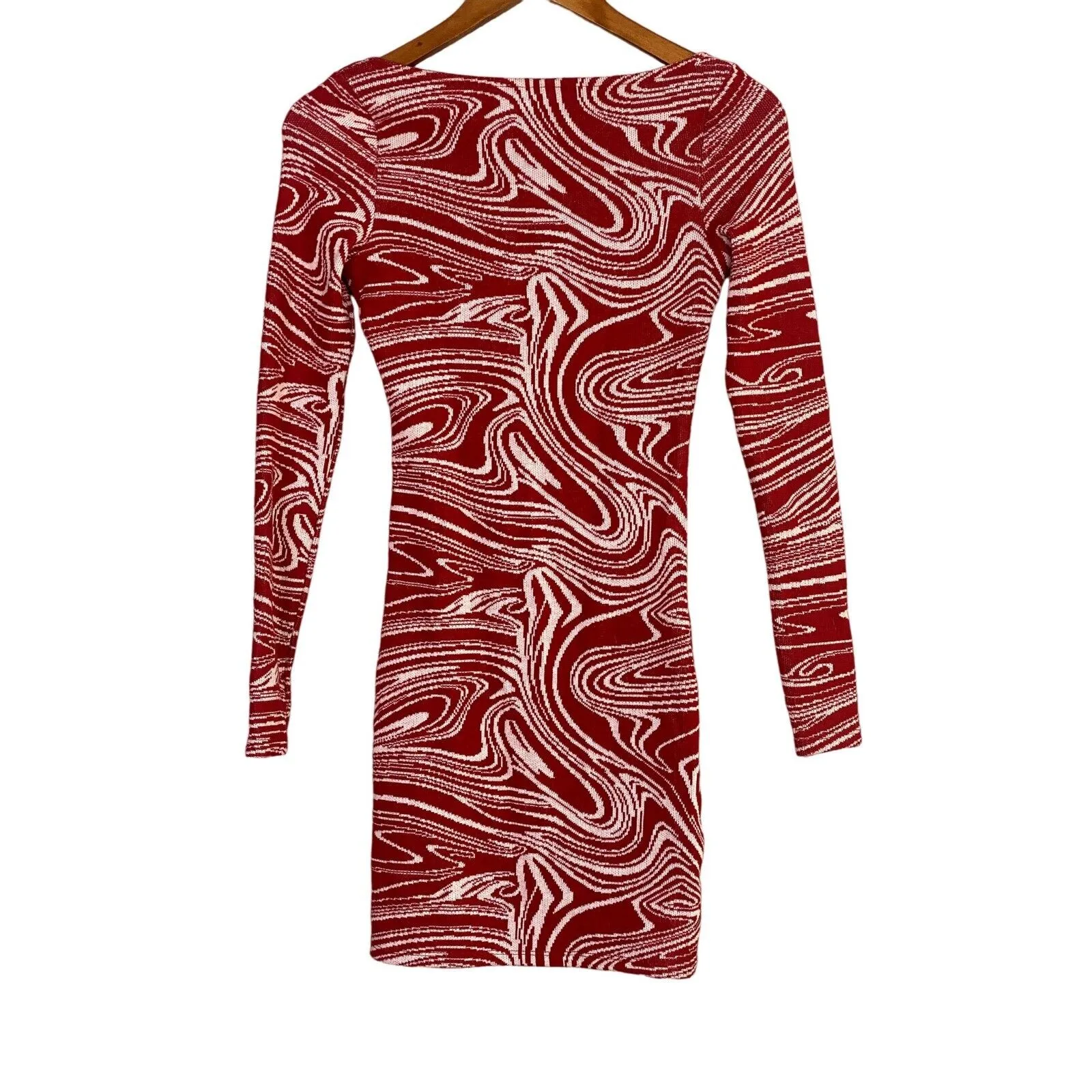 Zara Marble Long Sleeve Stretch Knit Sweetheart Bodycon Mini Dress S Red White - Image 5