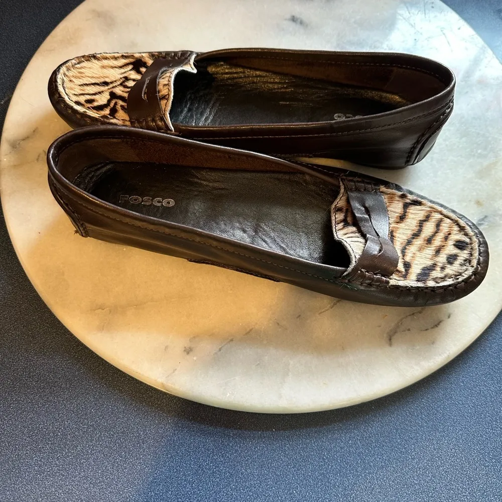 Fosco Brown With Animal Print Real Calf Hair Authentic Moccasins SZ 7 1/2 - Image 3