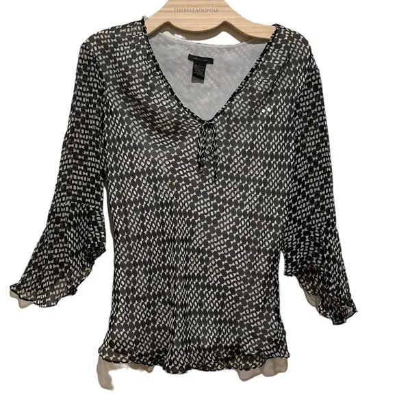 Anne Carson  SILK VNECK BLACK WHITE SEQUINED LINED FLUTTER BELL SLEEVE BLOUSE TOP - Image 2
