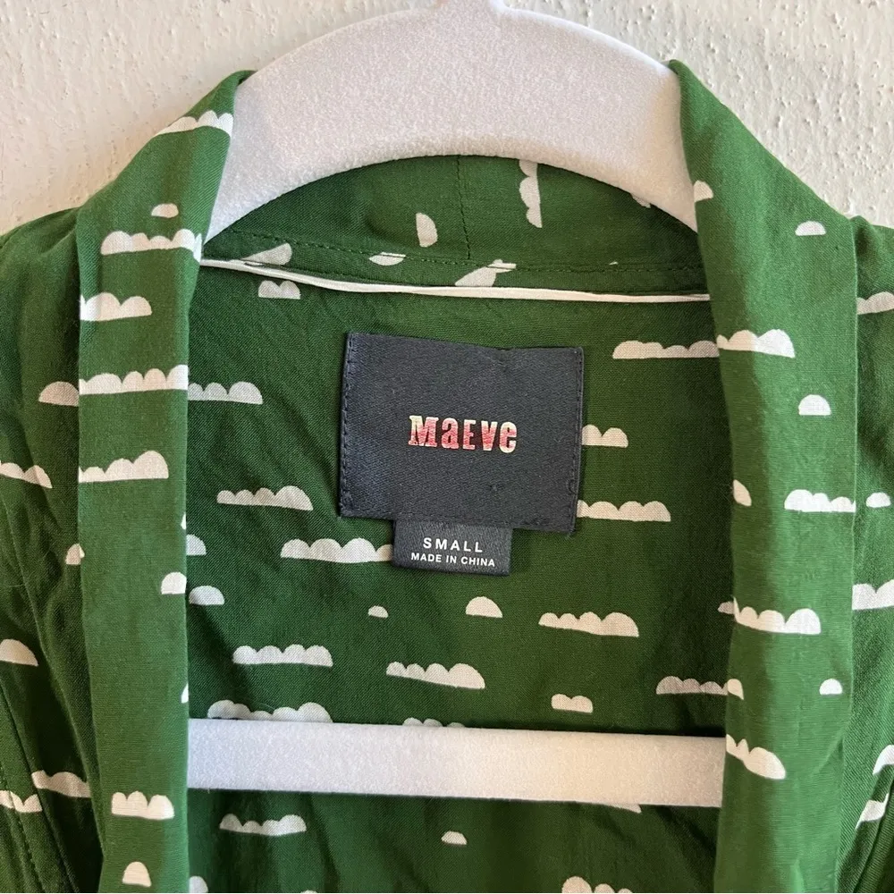 Anthropologie  Blouse Maeve Green & White Clouds Print Bow Front Button Up S EUC - Image 3