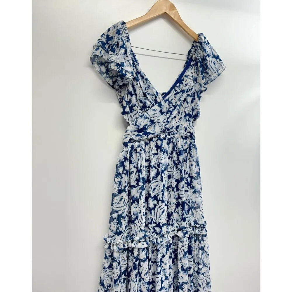 Aqua Maxi Dress Womens Size Small Gown Blue White Tiered Metallic Formal NEW - Image 6