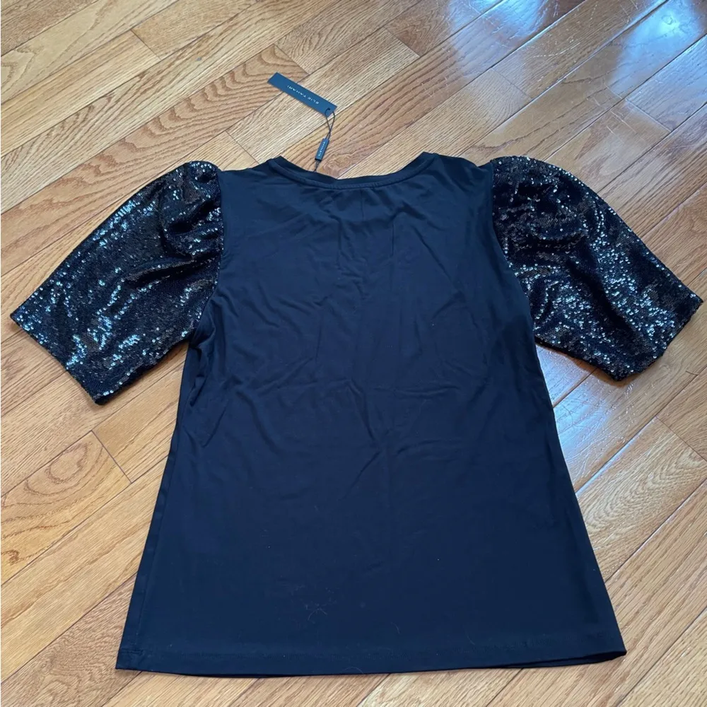 ELIE TAHARI Sequin Puff Sleeve T-Shirt Blouse Black Sz L - Image 9