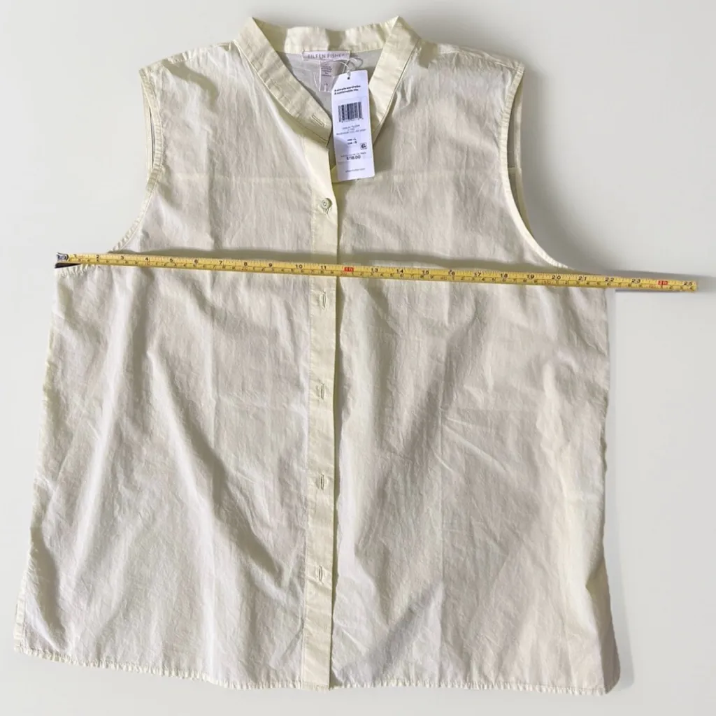 Eileen Fisher Organic Cotton Poplin Band Collar‎ Shirt Sz L- Yellow  Sleeveless - Image 7