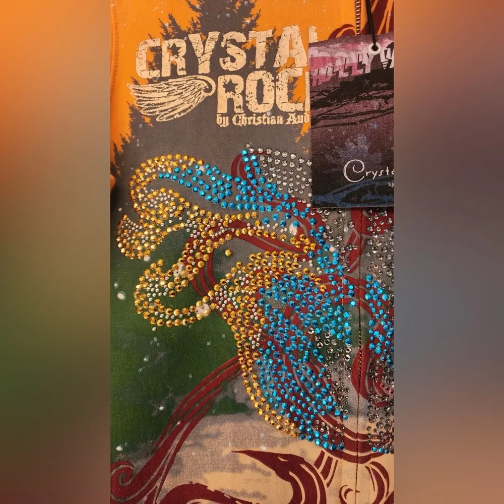 Christian Audigier Crystal Rock Women’s Orange Rhinestone Hoodie Size Small - Image 5