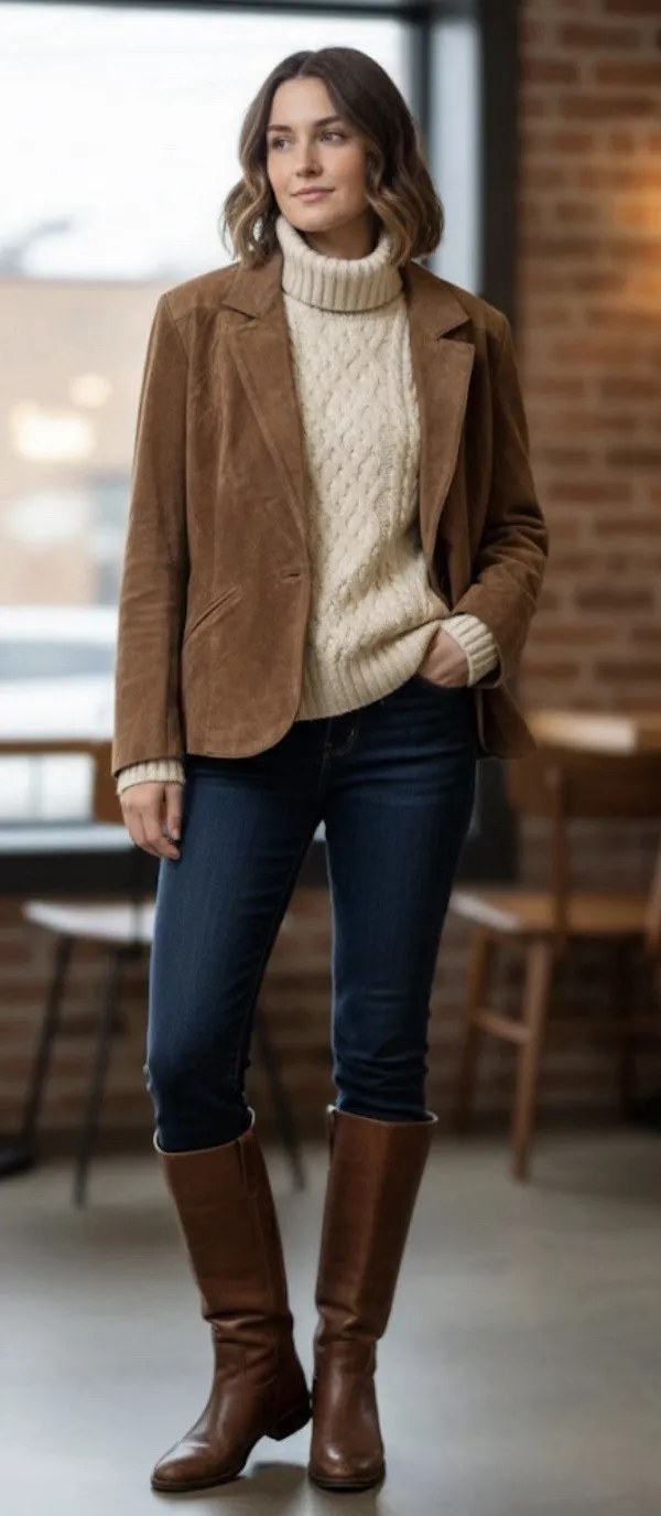 Avanti Woman Size 10 Tan 100% Genuine Pig Suede Leather Button Blazer Jacket - Image 1