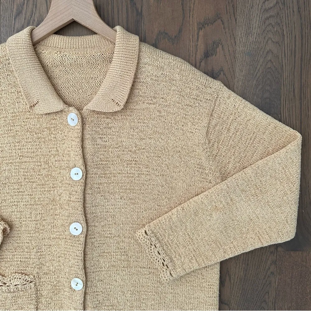 St. John Knit Button Front Cardigan Sweater with Crochet Trim in Yellow Medium - Image 6