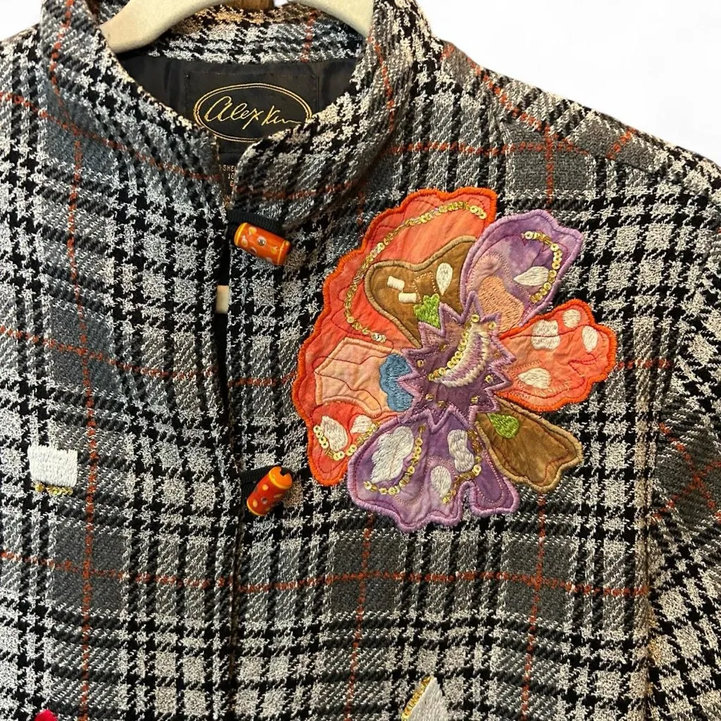 Vintage 90s Plaid Blazer w/ Floral Appliqué 💫 Alex KIN Black Size M - Image 4