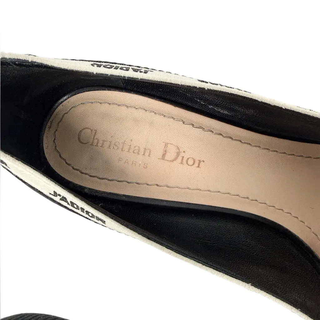 Dior J’Adior Logo Ribbon Black Canvas Slip On Pointed Toe Pumps Size 38 - Image 5